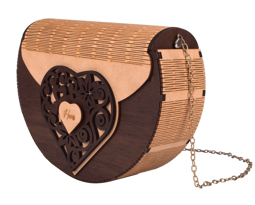 Women's Round Shape Decorative Lesser Cutting Wooden Purse