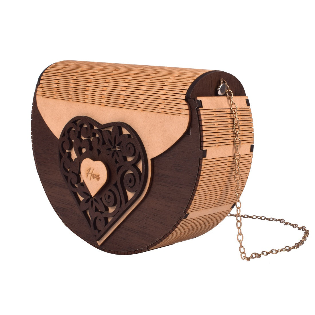 Women's Round Shape Decorative Lesser Cutting Wooden Purse