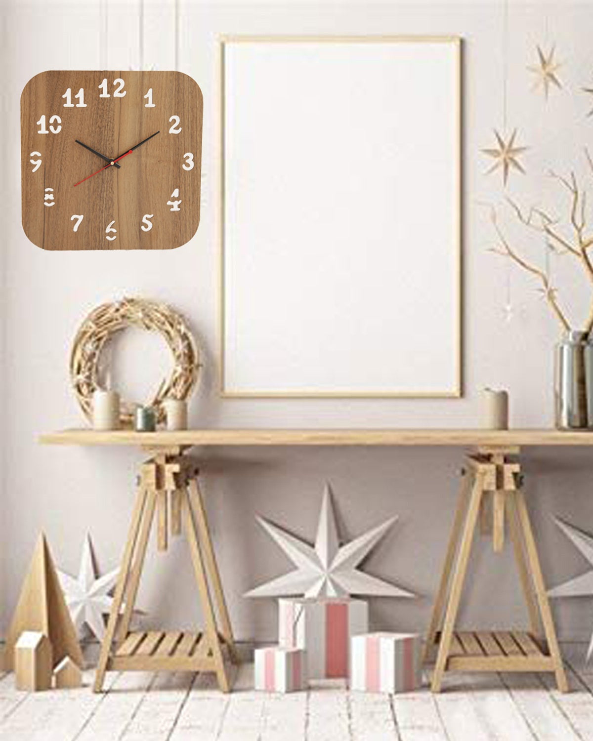 Wooden Attractive Square Shape Silent Wall Clock with Classic Numerals