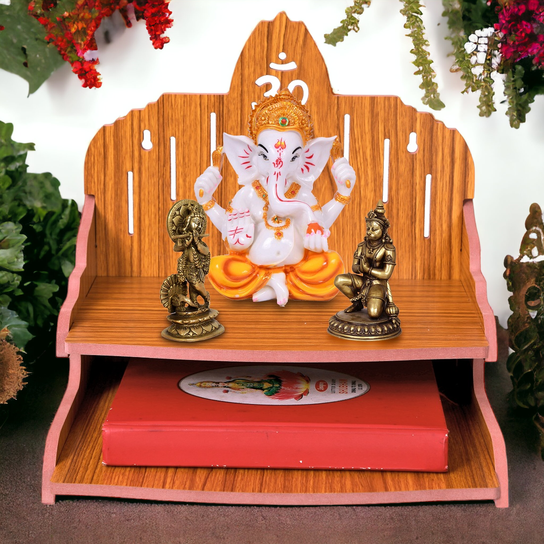 Home Wall Mounted Home Temple with Double Shelf for Storage and God Idols Decoration for Living Room