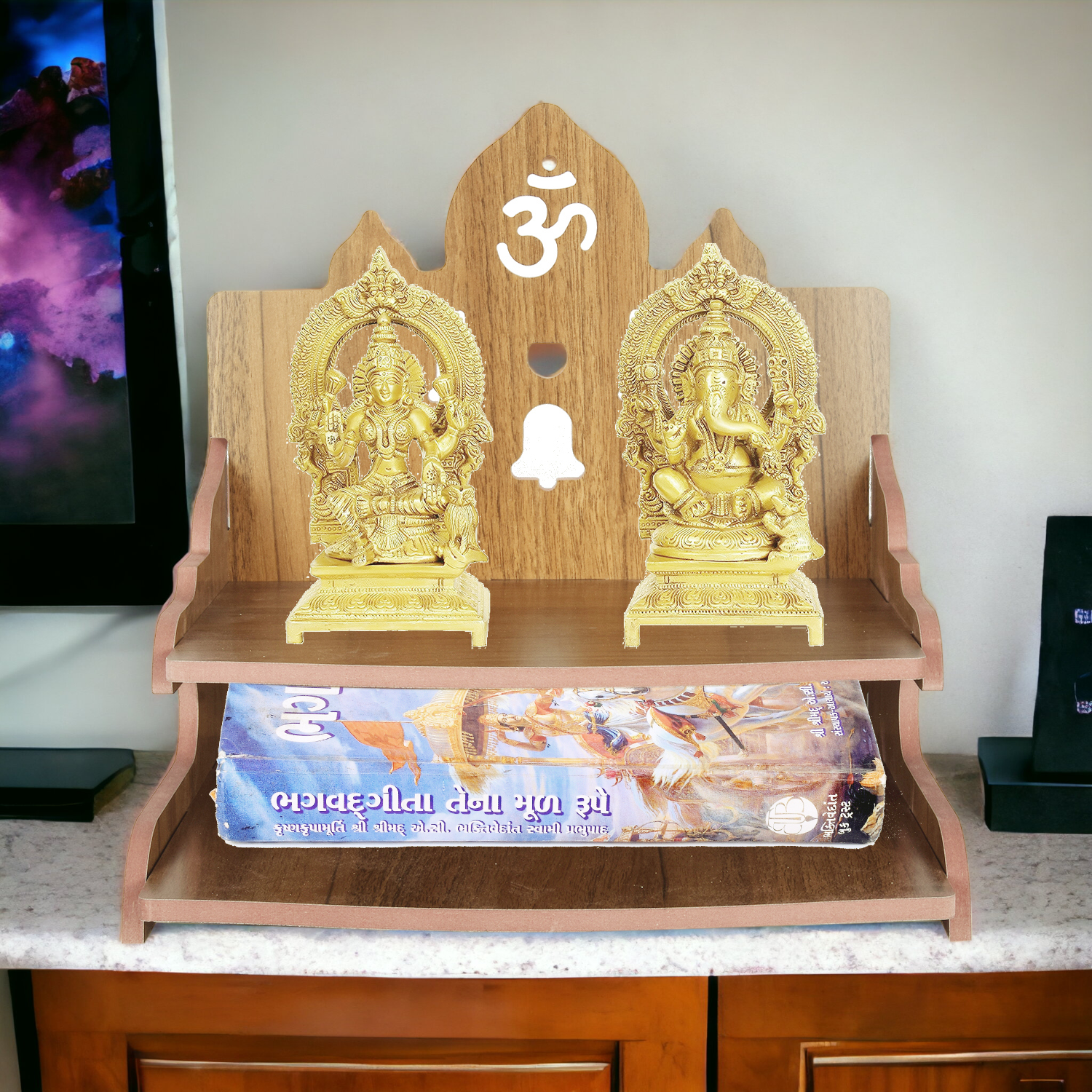 Home Temple with Double Shelf for Storage and God Idols Decoration for Living Room