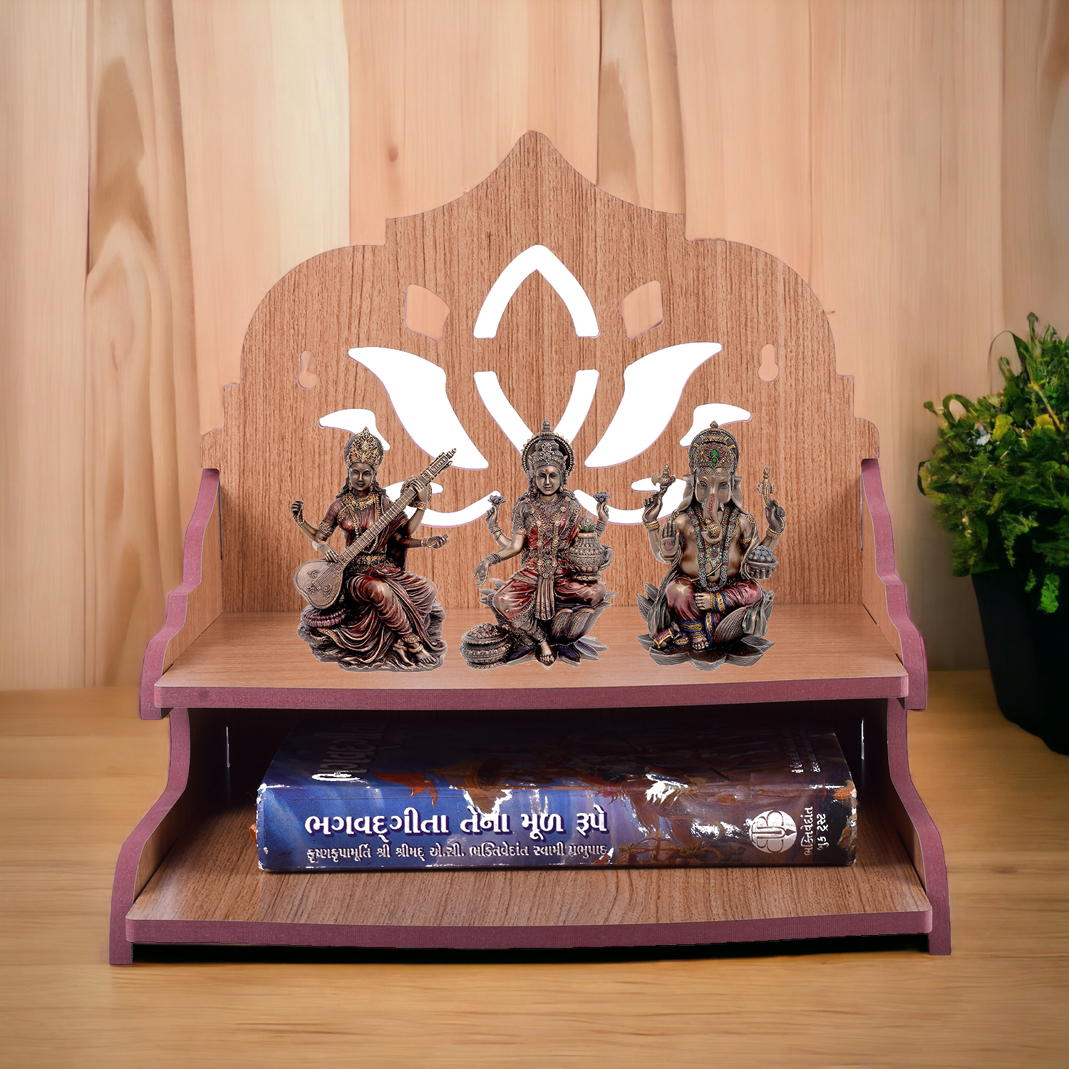 Home Temple with Double Shelf for Storage and God Idols Decoration for Living Room